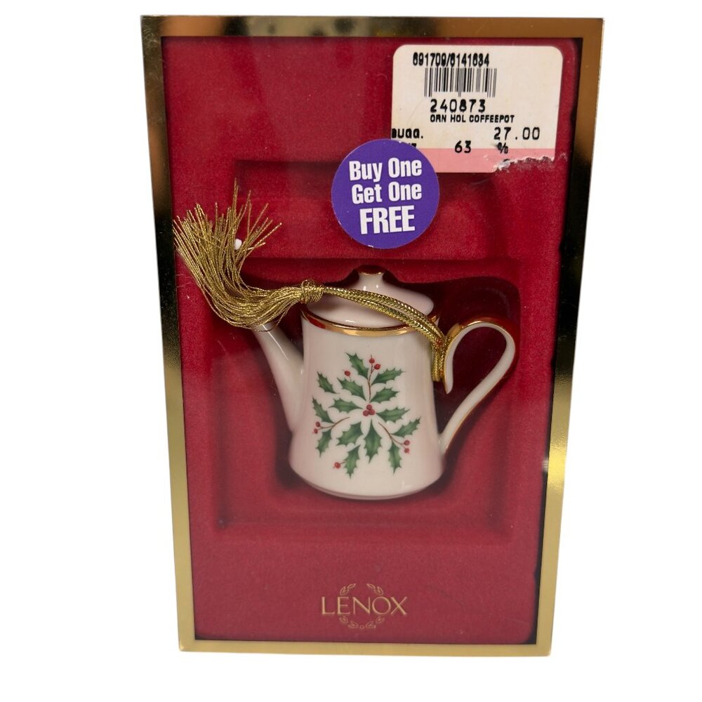 Vintage Lenox Holiday Teapot Coffee Pot Christmas Holly Berry Hanging Ornament